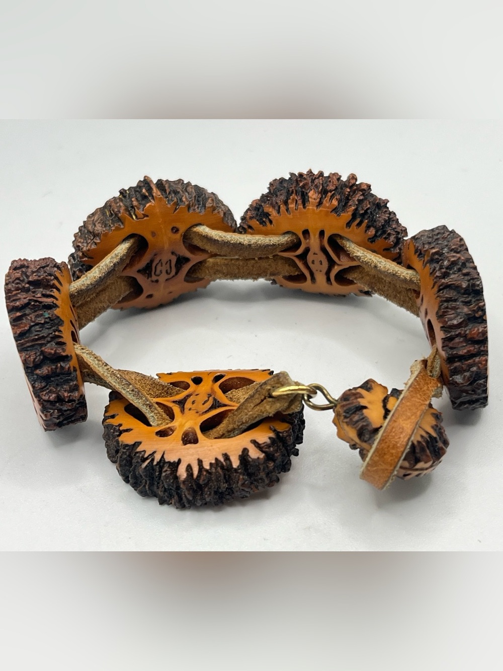 Artisan Carved Black Walnut & Leather Bracelet - Picture 5 of 11